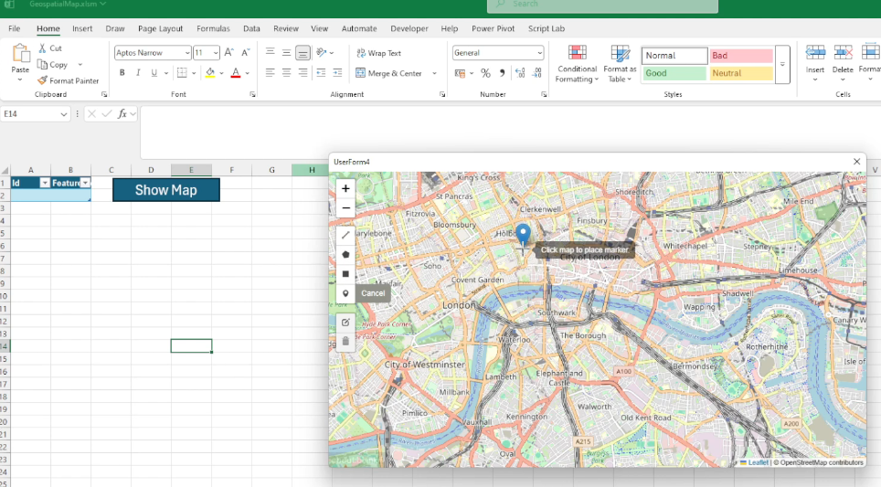 Figure 1.1: Embedded geospatial UI in Excel using stdWebView, showing addition of points.