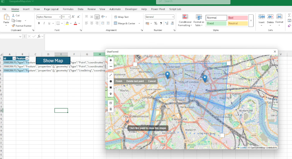 Figure 1.2: Features added as GeoJSON to the spreadsheet.