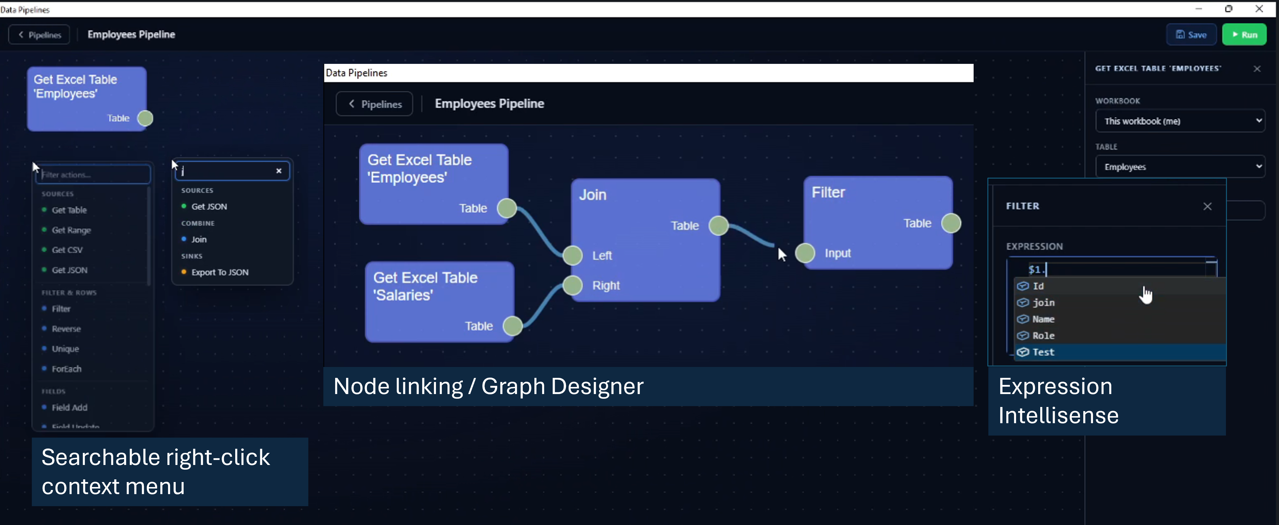 Figure 4.2: Low-code graph editor with searchable context-menu actions and expression tooling.